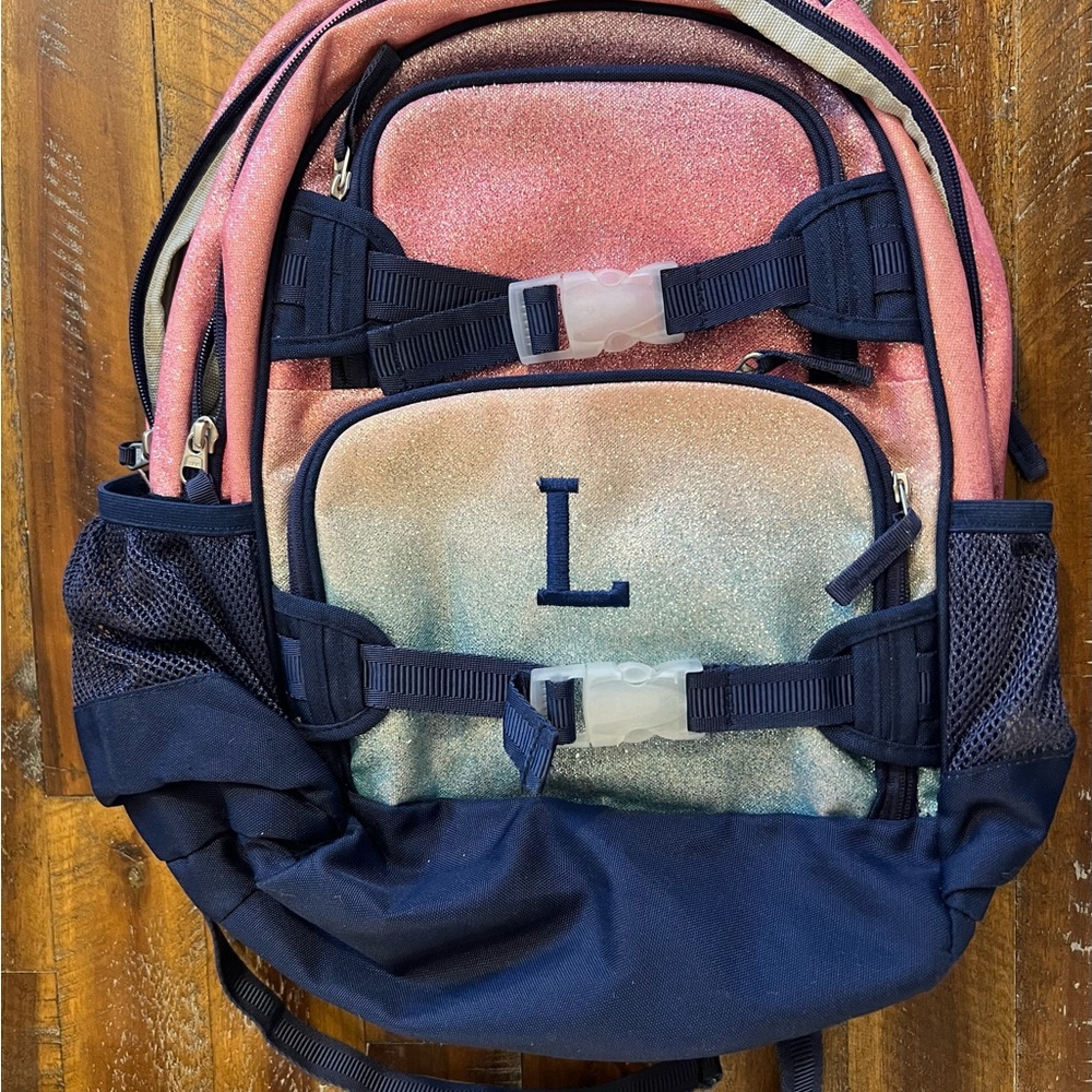 Pottery barn Sparkle Backpack with L embroidered